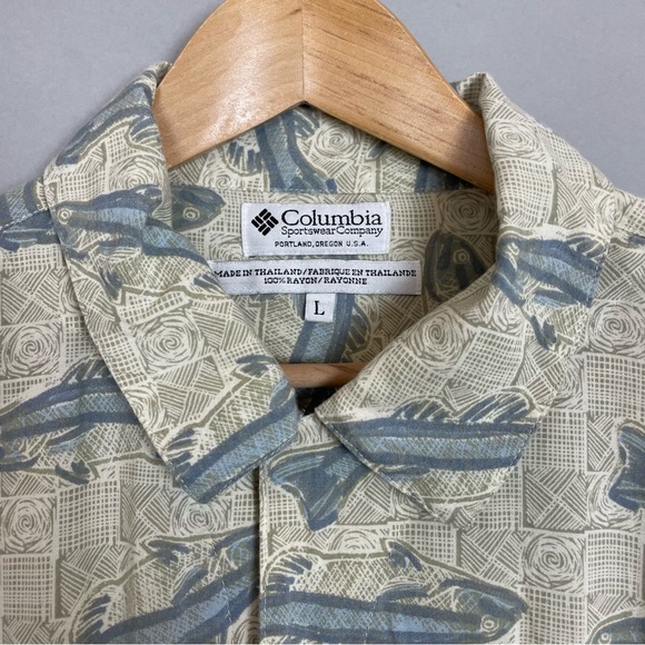 Columbia Other - Vintage Dad Shirt Fish Abstract Button-Up Blue Greige Columbia 90s‎ 2000s Rayon
